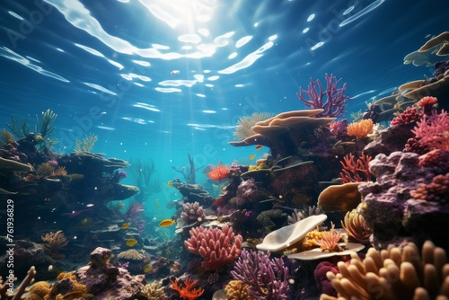 Sunlight illuminates coral reef underwater  creating a mesmerizing spectacle