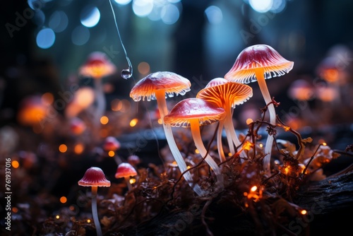 Group of mushrooms, terrestrial plants, growing in dark natural landscape