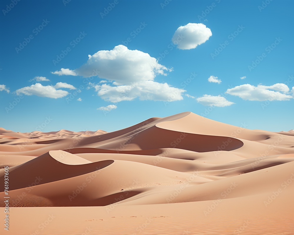 A desert landscape with sand dunes under a blue sky with fluffy clouds