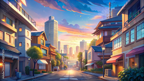 A bustling cityscape with skyscrapers, highways, and streets illuminated by the vibrant glow of city lights under a twilight sky in anime style