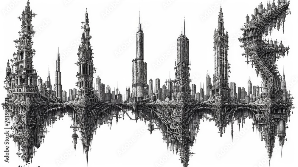 Intricate City Skyline with Reflection Concept Art