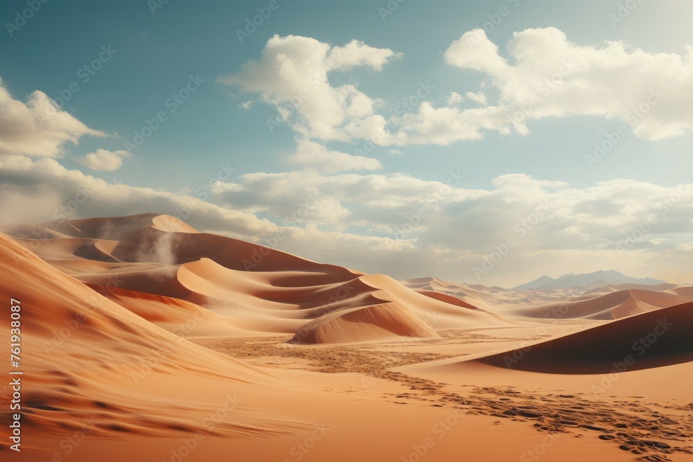 A desert landscape with sand dunes and mountains under a blue sky