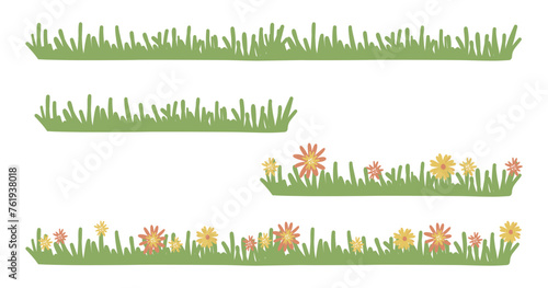 Set of grass and flowers. Collection of simple nature landscape borders. Cartoon kids style. Hand drawing vector illustration isolated on white background  photo