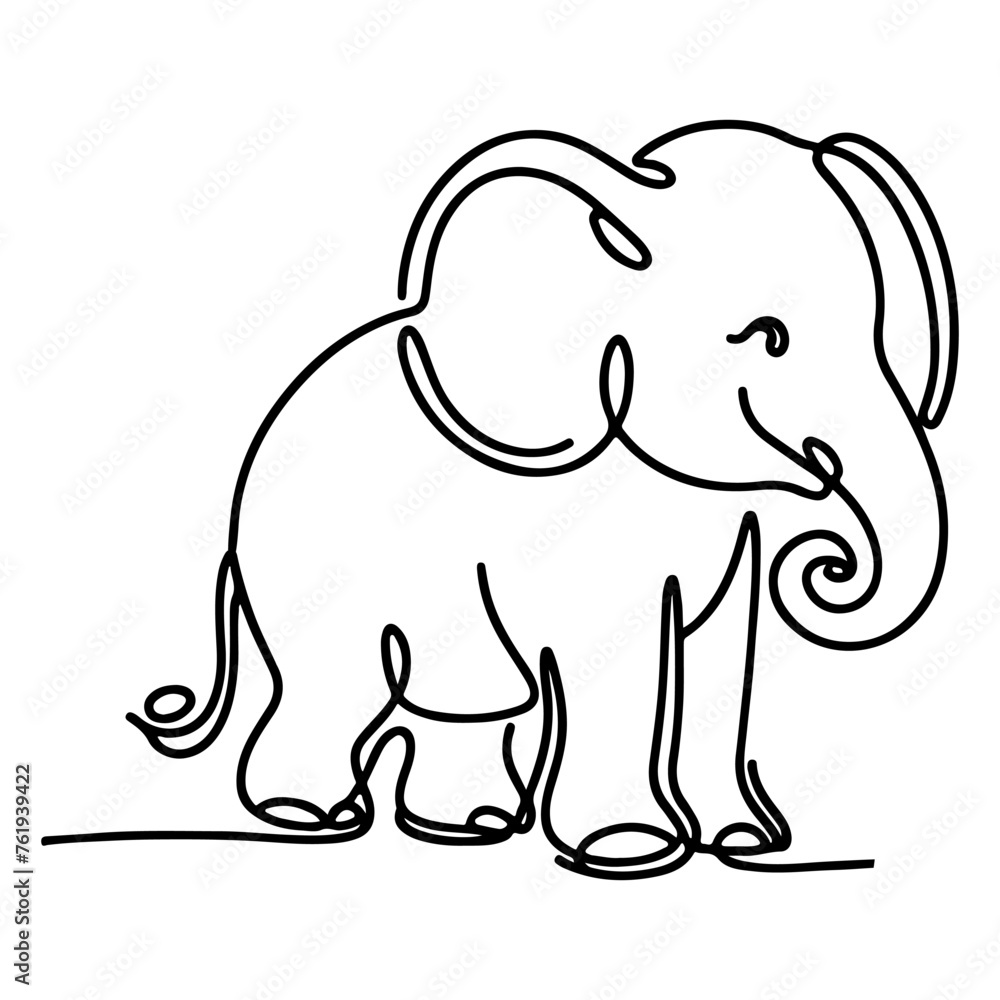 Fototapeta premium continuous single hand drawing black line art of elephant outline doodle cartoon sketch style vector illustration on white background