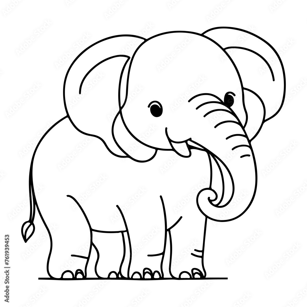 continuous single hand drawing black line art of elephant outline doodle cartoon sketch style vector illustration on white background