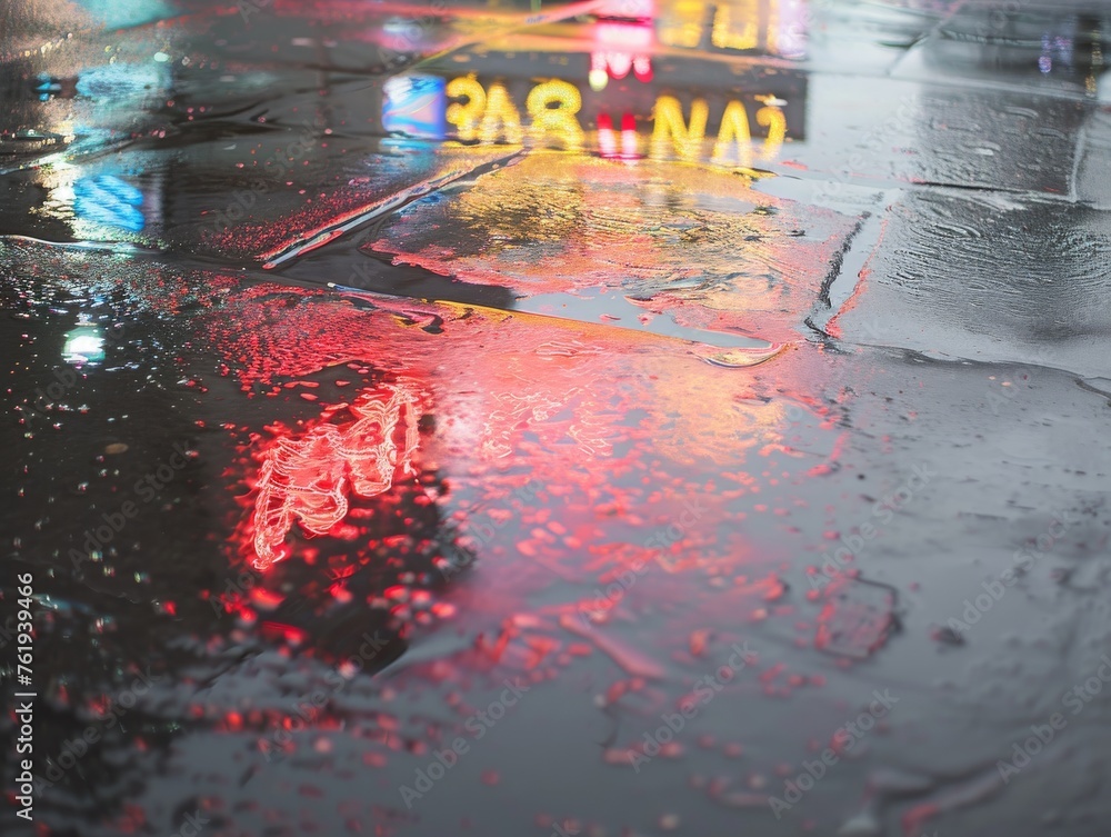 Naklejka premium A city at night, alive with reflections of neon signs on the shimmering wet streets after an evening shower.