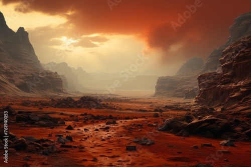 A painting of a desert landscape with mountains under a dusky sky