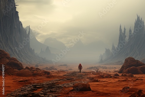 Man trekking through barren desert under towering mountains
