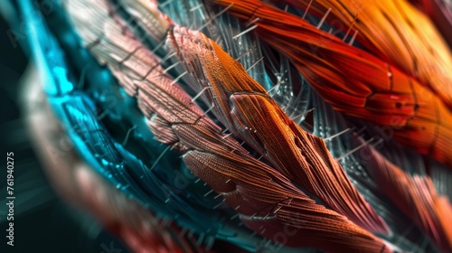 Close-up exploration of muscle anatomy, revealing the detailed texture and vibrant colors of muscle tissues in extreme macro photo