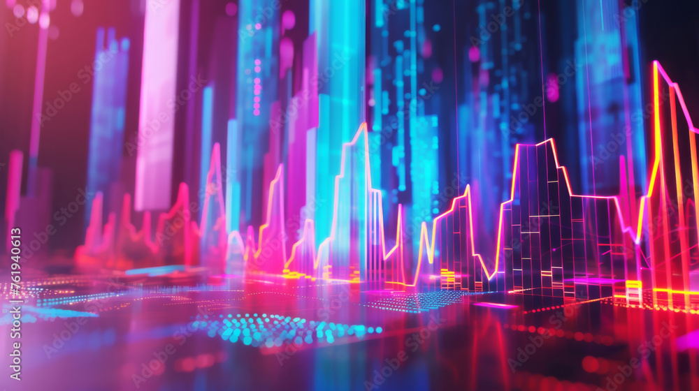 Immerse in a surreal financial landscape with a glowing 3D graph, neon accents illuminating futuristic trends and patterns