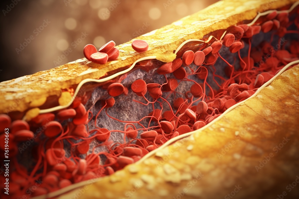 Detailed 3D rendering showing the cross-section of a blocked artery in APS-related thrombosis - obrazy, fototapety, plakaty 