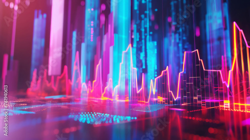 Immerse in a surreal financial landscape with a glowing 3D graph  neon accents illuminating futuristic trends and patterns