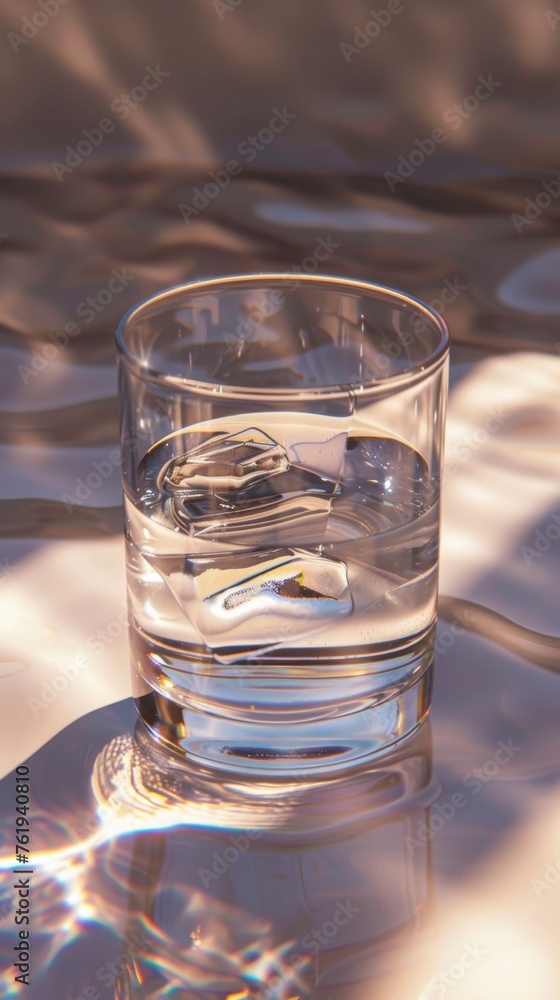 Serene 3D depiction of a crystal glass of water, emphasizing transparent simplicity, pure content, and the play of light and reflection on its surface Serene 3D depiction of a crystal glass of water, emphasizing transparent simplicity, pure content, and the play of light and reflection on its surface