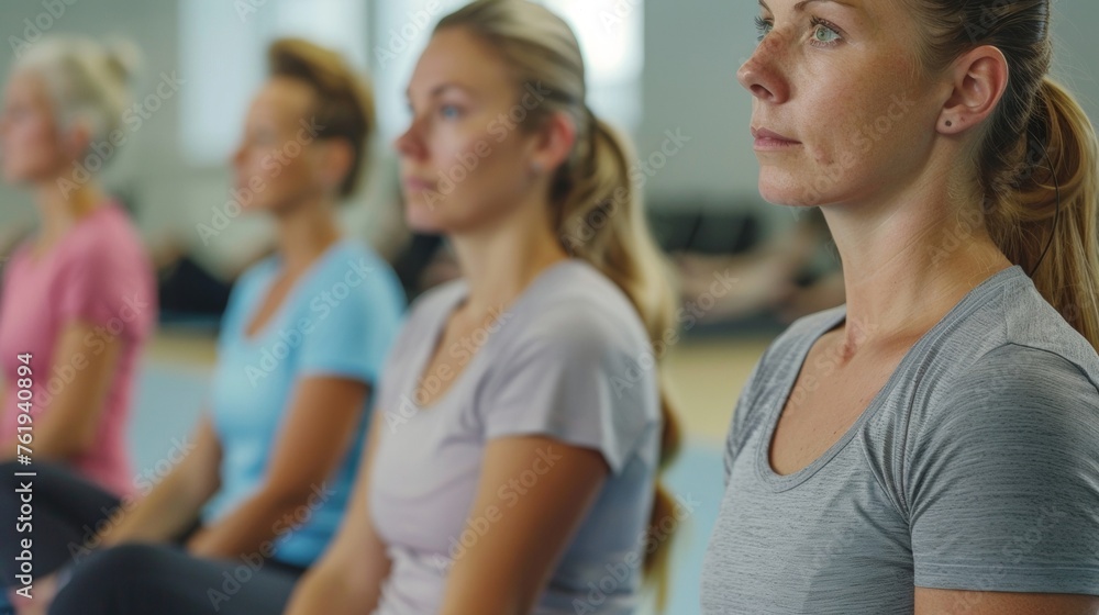 A group of patients seated in a brightly lit exercise room working with a physical the to perform stretches and strengthening exercises to manage their pain.