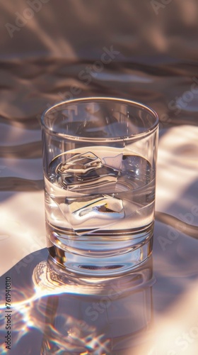 Serene 3D depiction of a crystal glass of water, emphasizing transparent simplicity, pure content, and the play of light and reflection on its surface