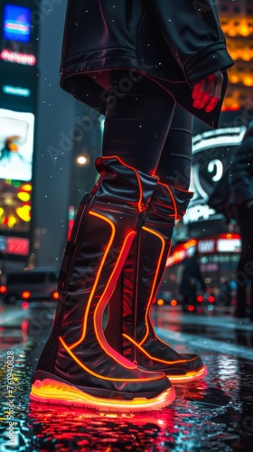 Sleek hover boots light up the urban night with neon accents, jet propulsion offering an effortless and stylish way to navigate the city's landscape
