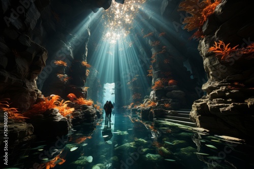 A man immersed in an electric blue water cave surrounded by corals and fish © yuchen