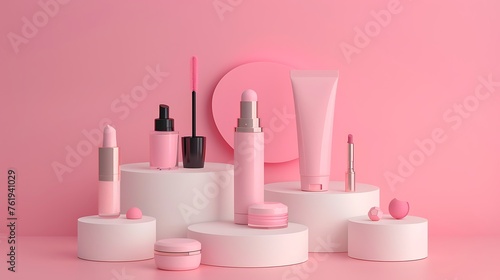 Make up products prsented on white podiums on pink pastel background