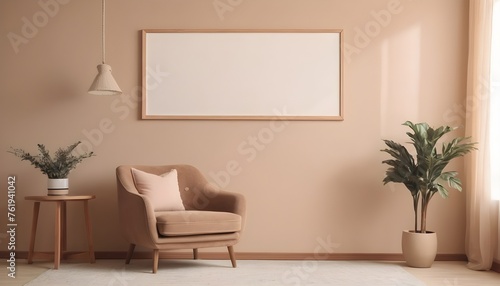 Minimalist composition of living room with picture frame and retro armchair. tone on tone. pastel. pink  baby blue  soft color.  