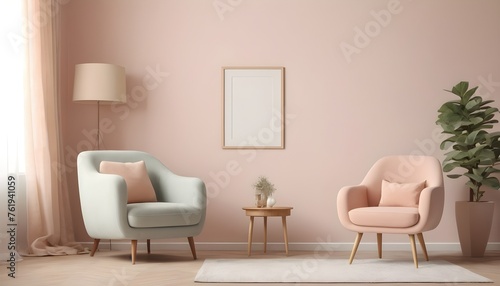 Minimalist composition of living room with picture frame and retro armchair. tone on tone. pastel. pink  baby blue  soft color.  