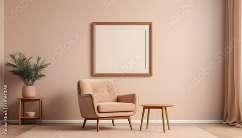 Minimalist composition of living room with picture frame and retro armchair. tone on tone. pastel. pink, baby blue, soft color.   © Gia