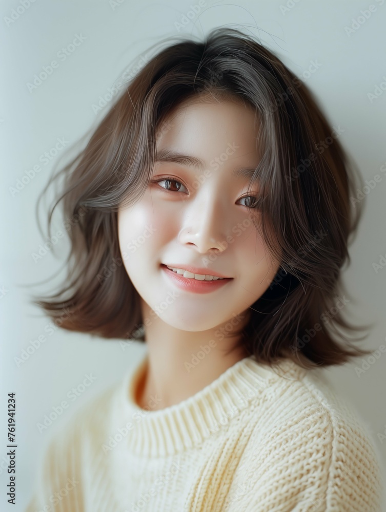 Portrait of Asian woman, shoulder length hair, natural light, casual outfit, bright smile, close-up of face, simple makeup. Portrait of Asian woman, shoulder length hair, natural light, casual outfit, bright smile, close-up of face, simple makeup.