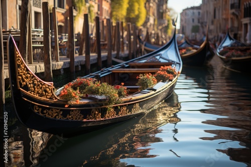 Gondolas lining a Venice canal, traditional Italian watercraft © yuchen