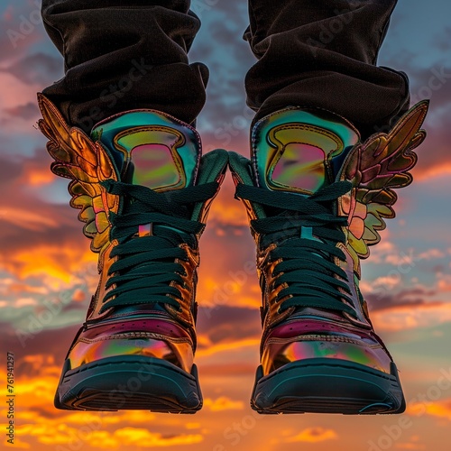 Winged sneakers against a sunset sky, low angle, golden hour, vibrant hues, Psychedelic funk art
