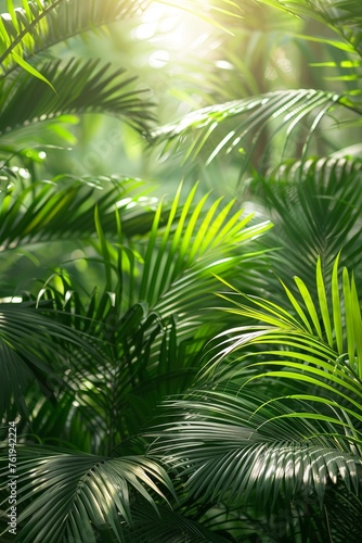 Dense tropical foliage, ferns and palm trees basking in the radiant sunlight, vibrant green8k