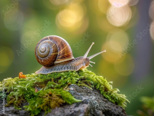 Macro shot of a snail on a mossy stone, blurred background suggesting rapid movementhyper realistic © Oranuch
