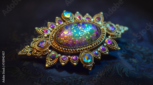An ornate brooch sparkles with tiny crystals carefully filled with photoluminescent pigments creating a dazzling effect when exposed to UV light. photo