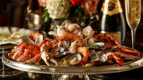 A closeup of a silver platter b with juicy jumbo shrimp cocktail buttery crab legs and steaming clams served with a chilled bottle of bubbly champagne. A feast fit for royalty.