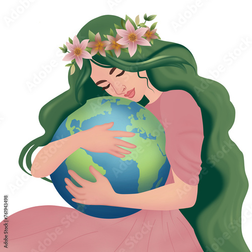 Mother earth day character illustration. A woman who is protecting the earth. Environmental protection. Nature concept. 