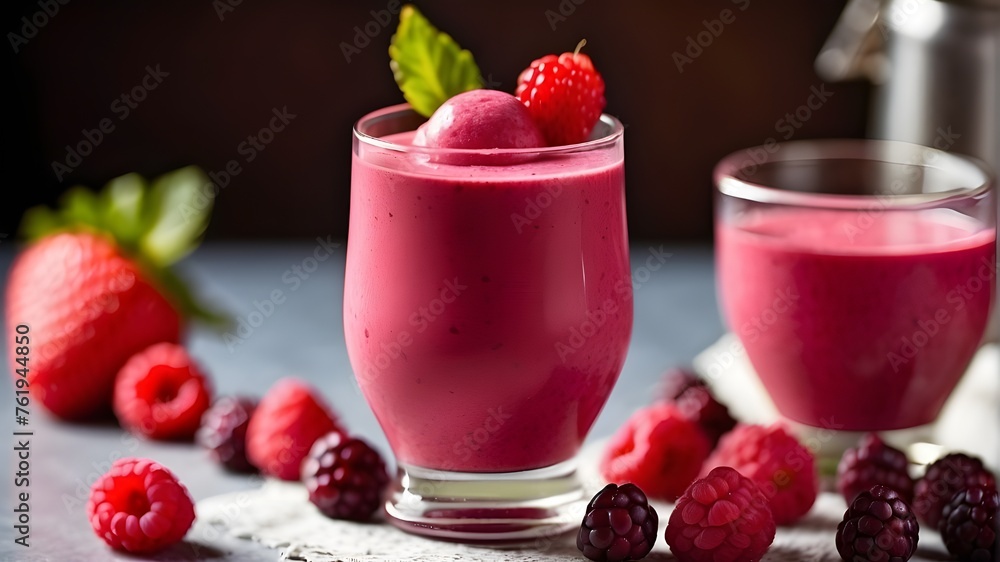 Glass of frozen red berry smoothie, ideal for a wholesome breakfast Glass of frozen red berry smoothie, ideal for a wholesome breakfast