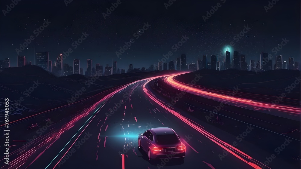 Nighttime driving on a road, illustration created with generative AI