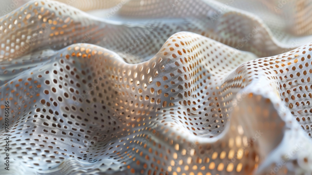 A closeup of a meshlike material with intricate patterns of small holes and larger perforations. The material is layered and folded creating depth and dimension and designed A closeup of a meshlike material with intricate patterns of small holes and larger perforations. The material is layered and folded creating depth and dimension and designed