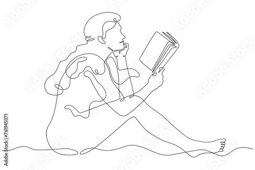 A woman is reading a book. The female character is reading. Student with a textbook.Education and knowledge. Open book. One continuous line . Line art. Minimal single line.White background. One line d