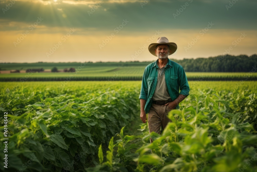 senior farmer stands in green soybean field. agriculture, farming and harvesting concept
