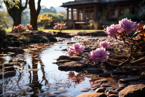 A stream flows through the garden with pink flowers, a house in the background