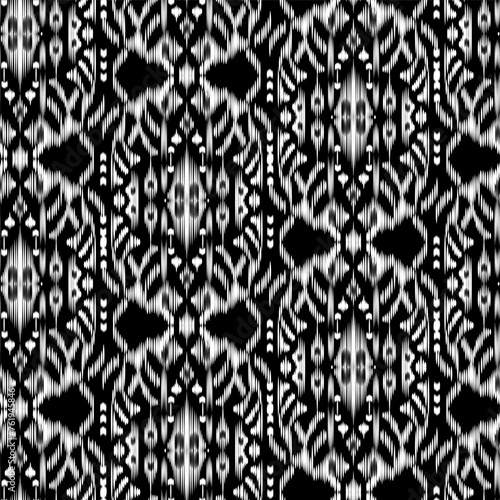Seamless Ikat Pattern. Abstract black and white background for textile design, wallpaper, surface textures. ATLAS ADRAS ABAYAS