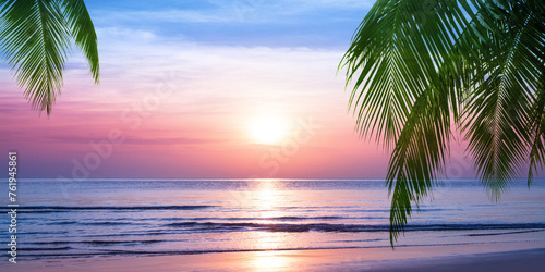 Sunrise on tropical island sea beach, calm ocean sunset, morning dawn panorama landscape, palm tree leaves silhouette, yellow sun reflection, blue water waves, soft pink sky, summer holidays, vacation © Vera NewSib