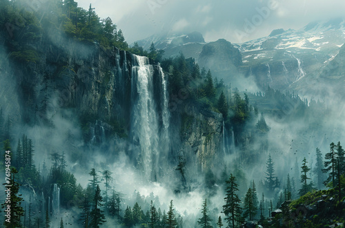 Fog in the mountains with beautiful waterfall. Created with Ai © AllAbout