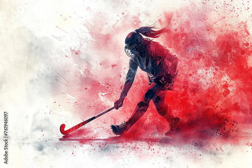 Field Hockey player in action, woman red watercolor with copy space