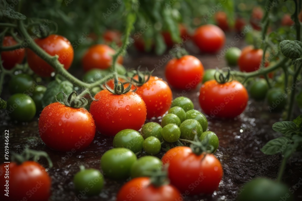 bunch of red tomatoes with water drops on organic farm tomato plant. agriculture, farming and harvesting concept