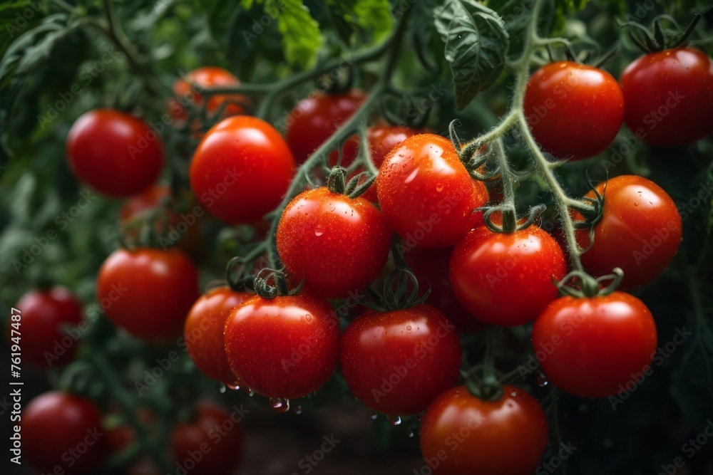 bunch of red tomatoes with water drops on organic farm tomato plant. agriculture, farming and harvesting concept