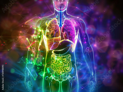Colorful and detailed human anatomy illustration highlighting various organ systems in bright hues.