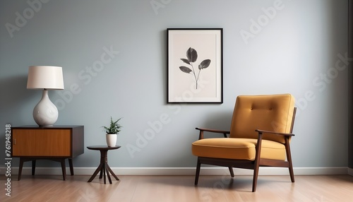 Minimalist  retro  contemporary composition of living room with picture frame and armchair