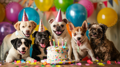 Group of happy dogs in party hats celebrating with a birthday cake and balloons.