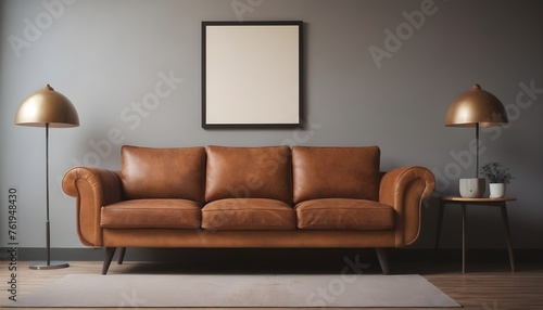 Minimalist, retro, contemporary composition of living room with picture frame and armchair © Gia