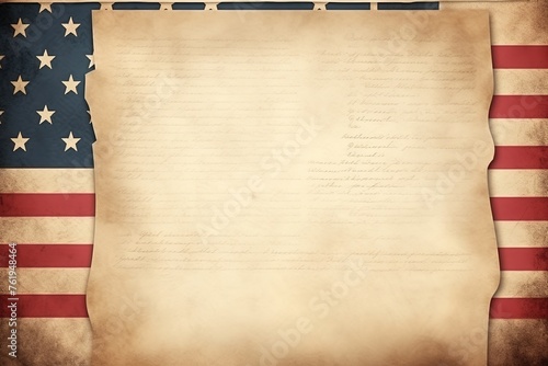 Grunge blank paper parchment or declaration over USA flag independence day template 3d illustration. photo